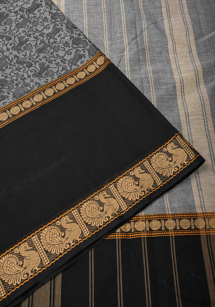 Pretty Chettinad Cotton Vanasingaram Panel Handwoven Saree in Gray