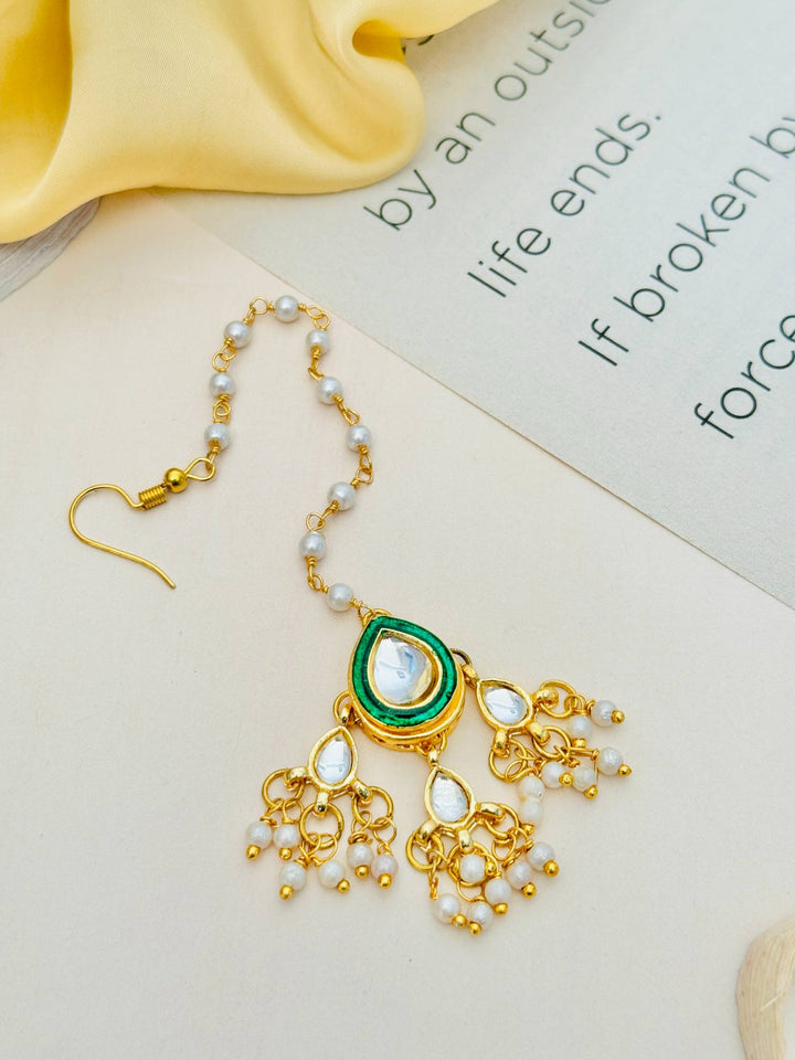 Traditional Gold Plated Green Kundan Maang Tikka | SHOBITAM