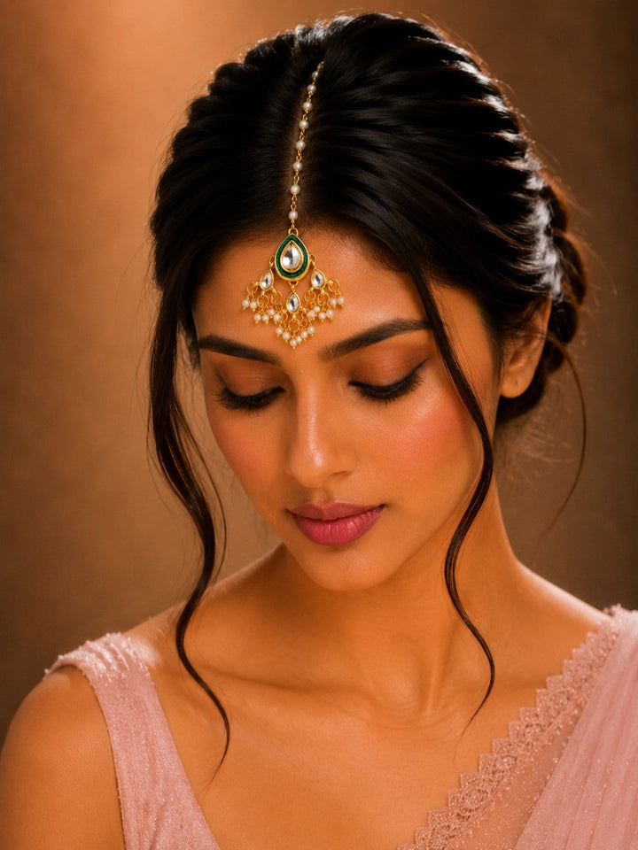 Traditional Gold Plated Green Kundan Maang Tikka | SHOBITAM