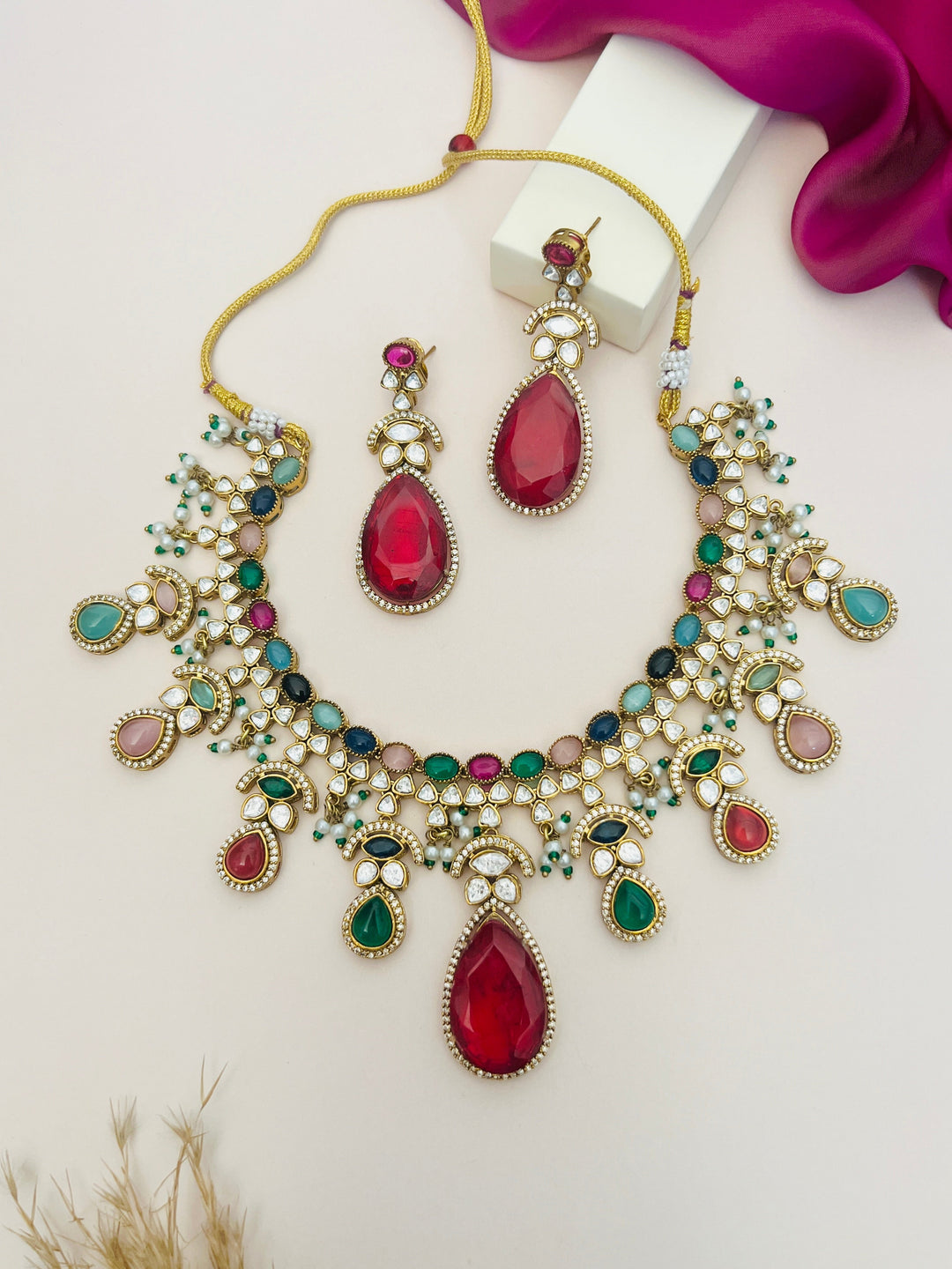 Royal Multicolor Stone Statement Necklace Set | SHOBITAM