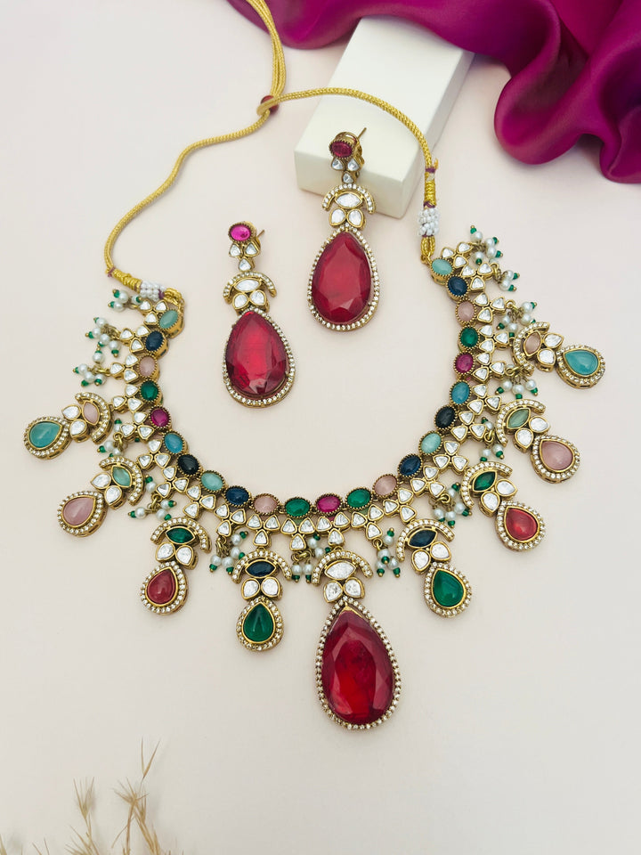 Royal Multicolor Stone Statement Necklace Set | SHOBITAM