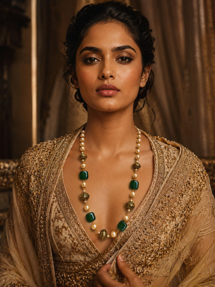 Ruby Emerald Golden Jaipuri Beads Pearls Mala | SHOBITAM