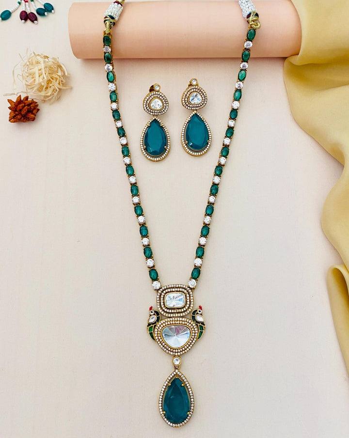 Elegant Emerald Green Pendant Necklace with Earrings |SHOBITAM