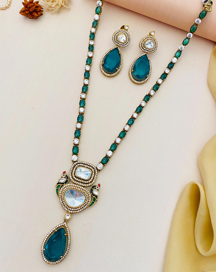 Elegant Emerald Green Pendant Necklace with Earrings |SHOBITAM