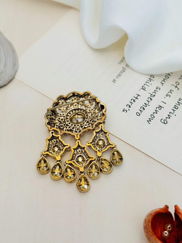 Wedding Premium Gold Plated Polki Men Brooch Pin | SHOBITAM