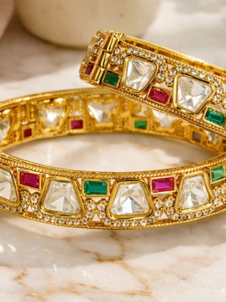 Gold Plated Multicolour Polki Moissanite Bangles | SHOBITAM
