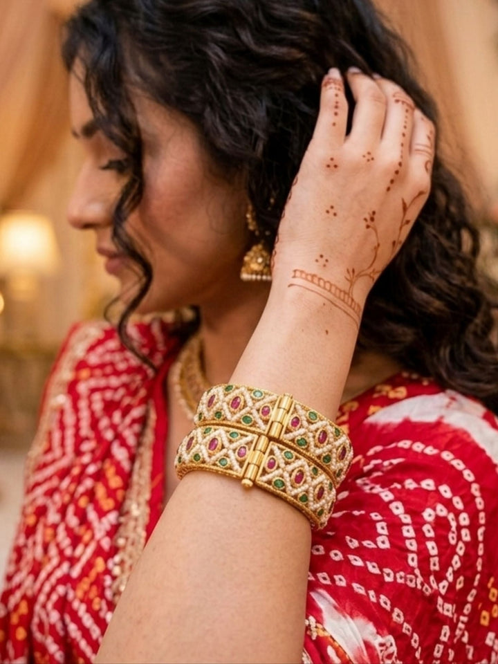 "2.4" Antique Multicolour Gold Plated Polki Bangles | SHOBITAM