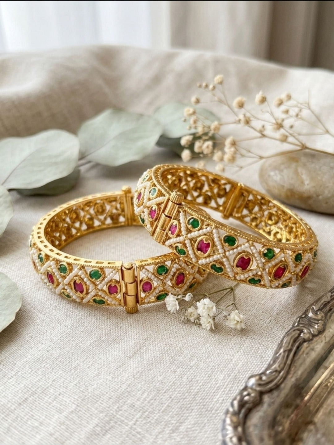 "2.4" Antique Multicolour Gold Plated Polki Bangles | SHOBITAM