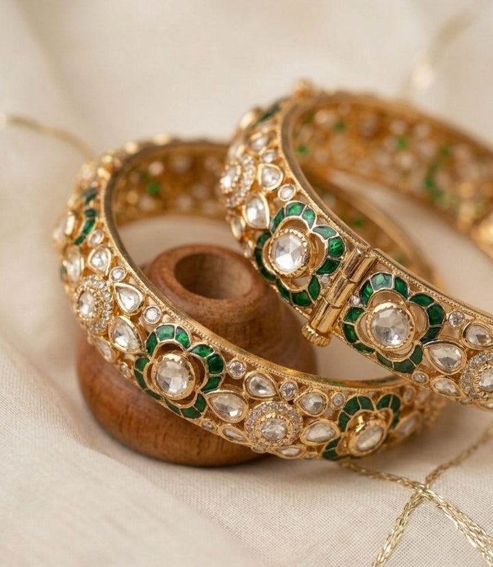 Gold Plated Uncut Polki Moissanite Bangles | SHOBITAM