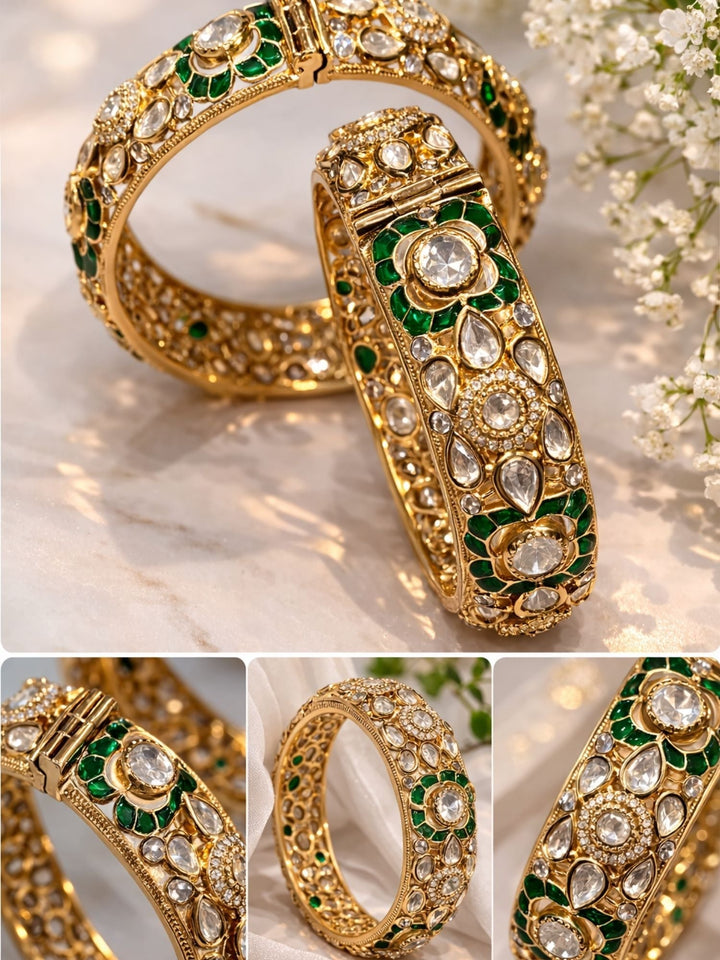 Gold Plated Uncut Polki Moissanite Bangles | SHOBITAM