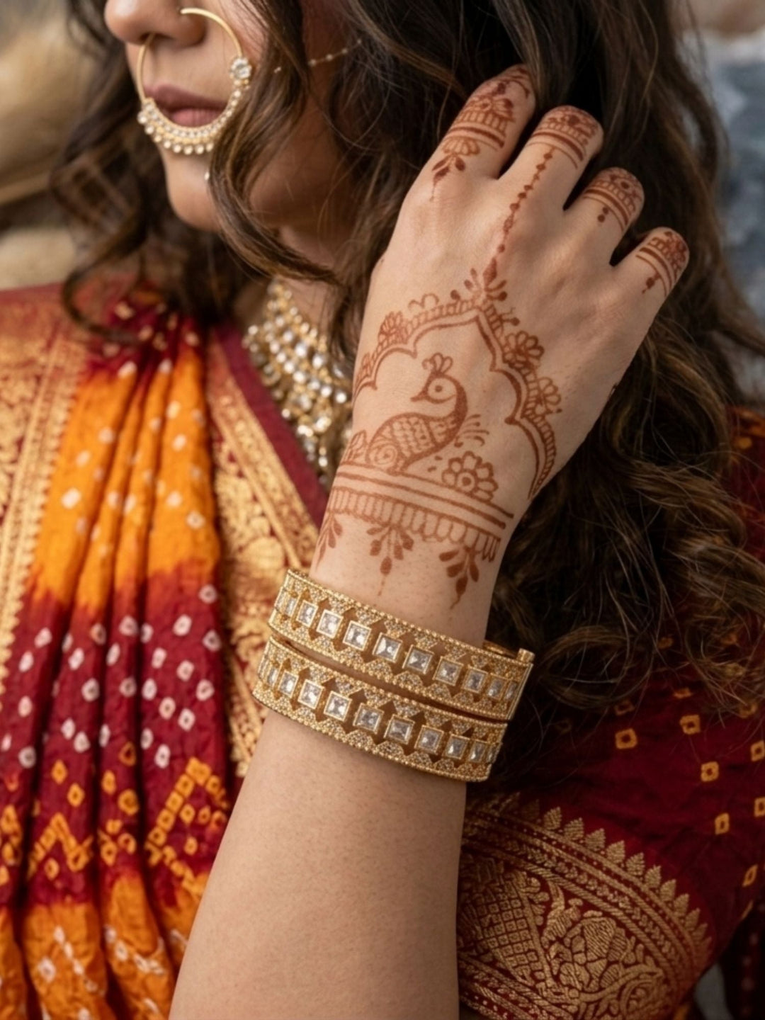 Gold Plated Polki Diamond Touch Pair of Kada Bangles |SHOBITAM