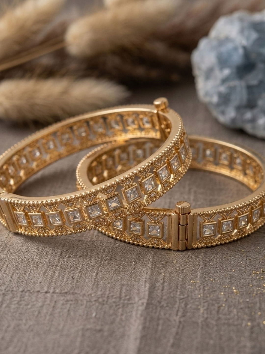Gold Plated Polki Diamond Touch Pair of Kada Bangles |SHOBITAM