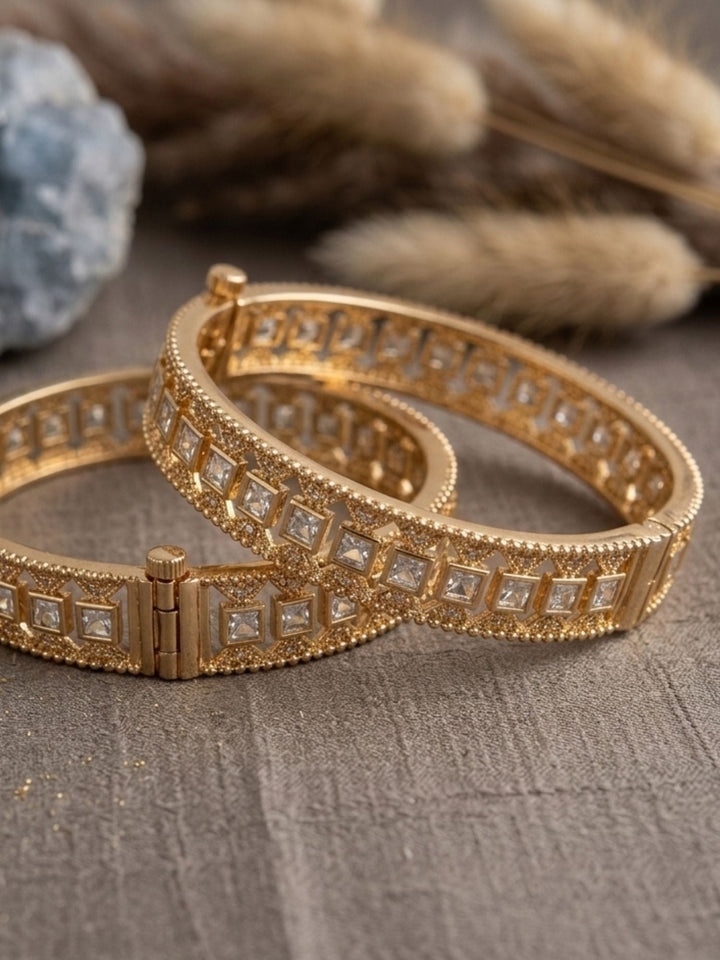 Gold Plated Polki Diamond Touch Pair of Kada Bangles |SHOBITAM