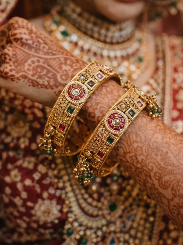 Multicolour Antique Gold Plated Jadau Polki Bangles | SHOBITAM
