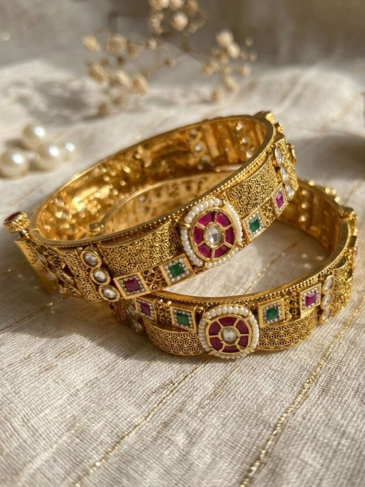 Multicolour Antique Gold Plated Jadau Polki Bangles | SHOBITAM