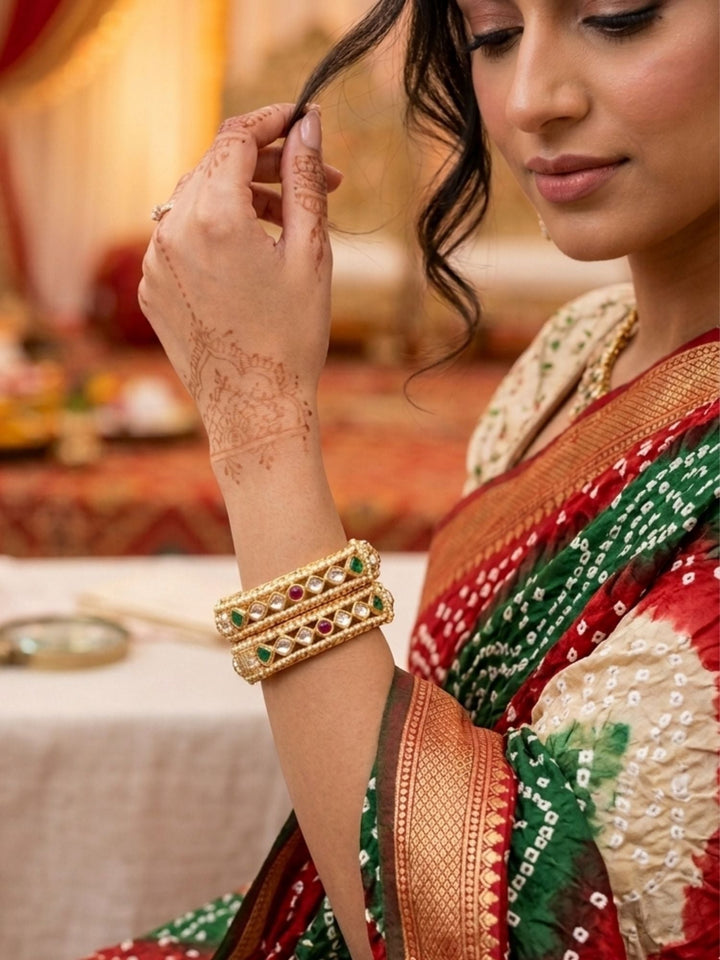 Gold Plated Multicolour Silm Polki Bangles | SHOBITAM