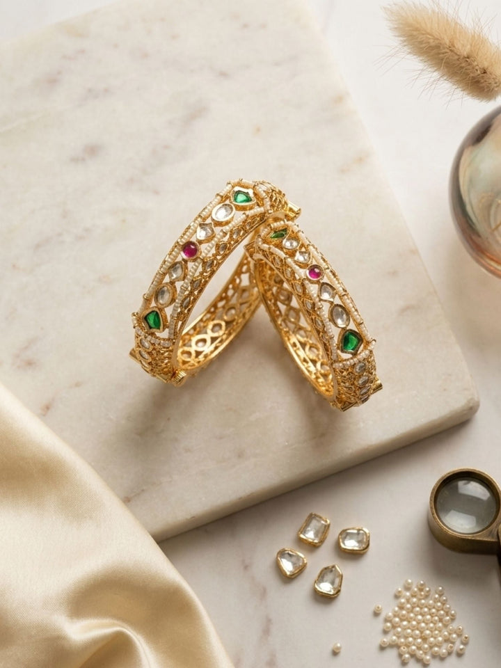 Gold Plated Multicolour Silm Polki Bangles | SHOBITAM