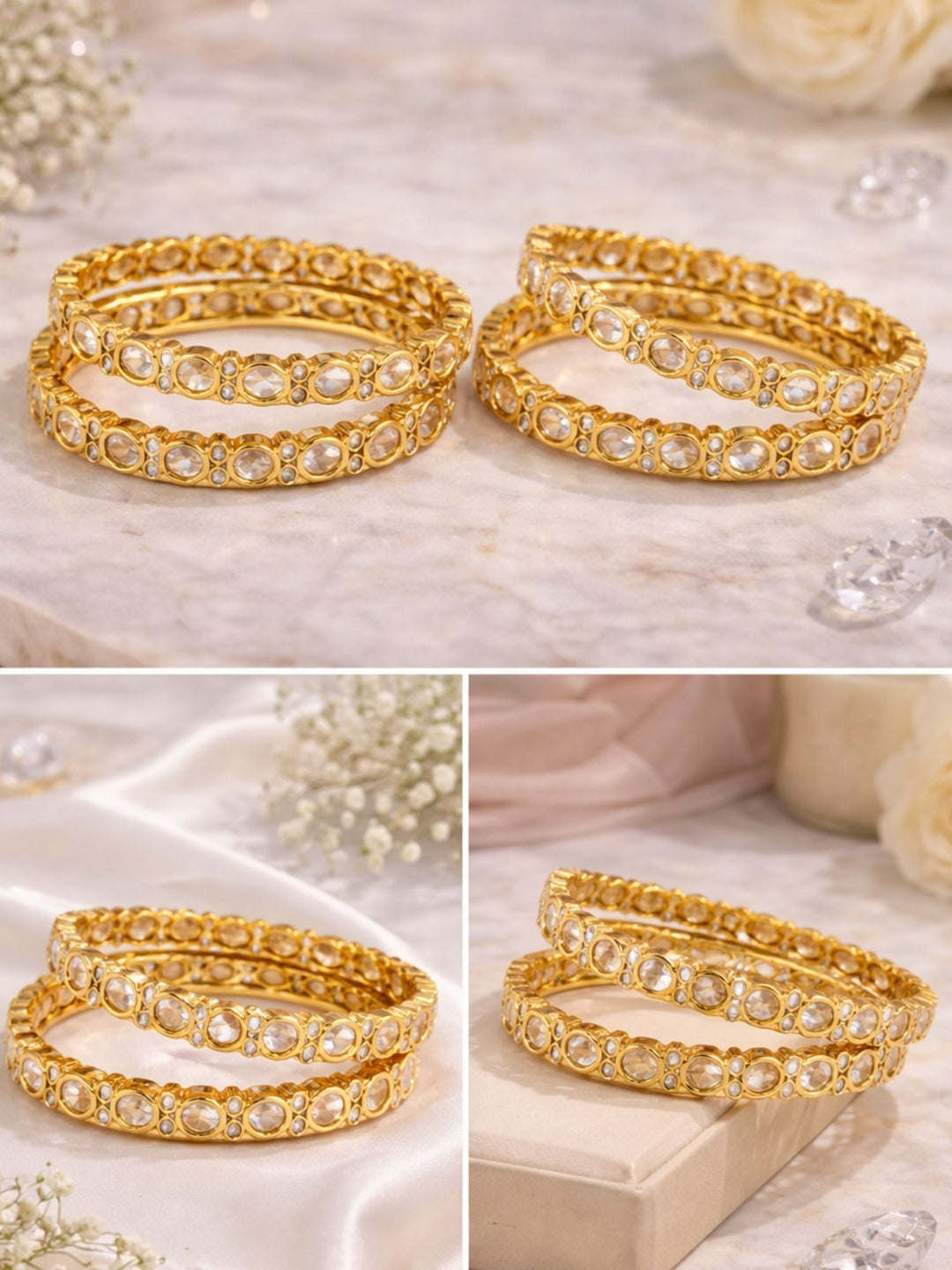 Traditional Gold Plated Silm Round Polki Bangles | SHOBITAM