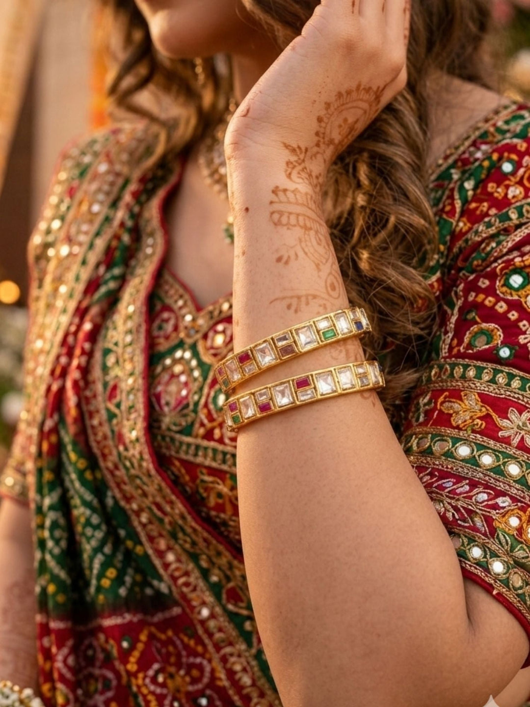 Traditional Gold Plated Silm Square Polki Bangles | SHOBITAM