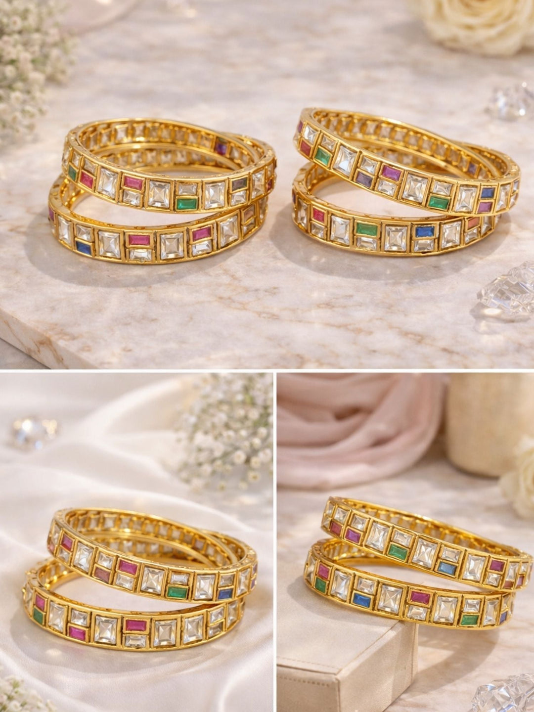 Traditional Gold Plated Silm Square Polki Bangles | SHOBITAM