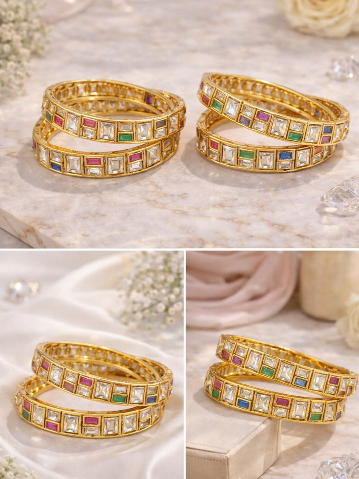 Traditional Gold Plated Silm Square Polki Bangles | SHOBITAM