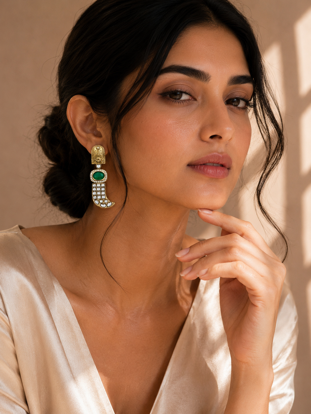 Green Stone Statement Earrings – Designer Festive Glam | SHOBITAM