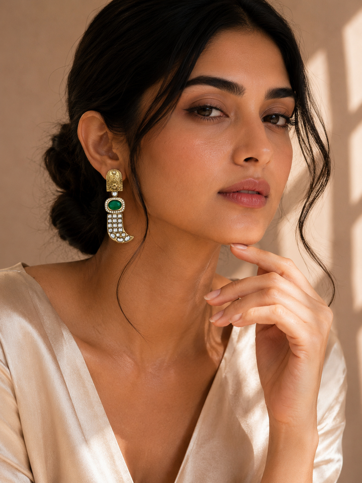 Green Stone Statement Earrings – Designer Festive Glam | SHOBITAM