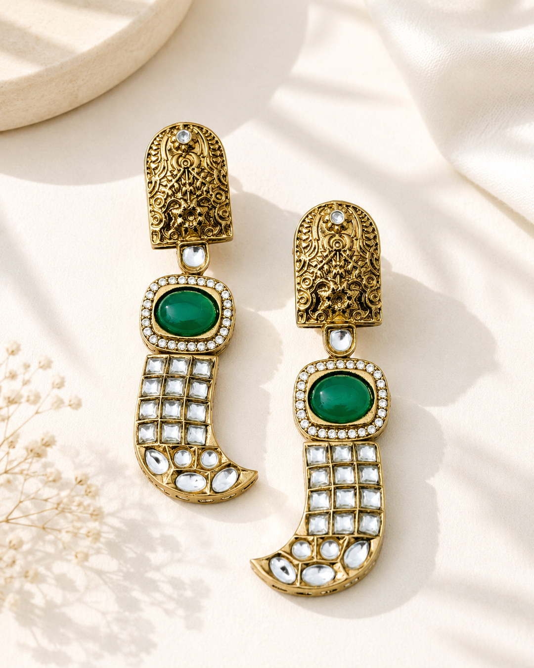 Green Stone Statement Earrings – Designer Festive Glam | SHOBITAM