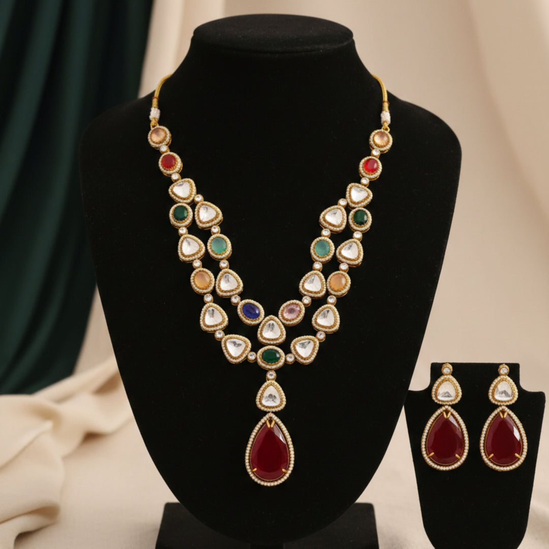 Multicolour Gold Plated Jaipuri Bead Stone Polki Necklace Set | SHOBITAM