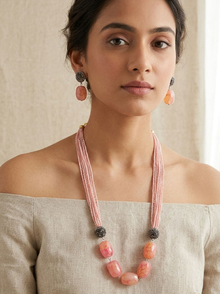 Peach Beaded Mala Set – Elegant Festive Styling | SHOBITAM