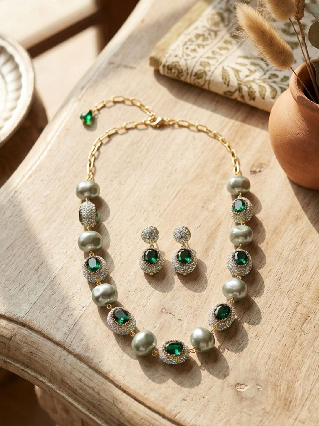 Emerald Green Pearl Mala Set  – Timeless Festive Elegance | SHOBITAM