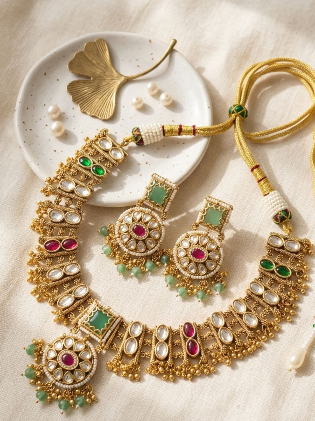 Premium Gold Multicolour Heritage Necklace Set | SHOBITAM