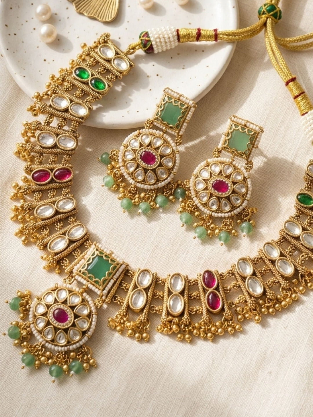 Premium Gold Multicolour Heritage Necklace Set | SHOBITAM