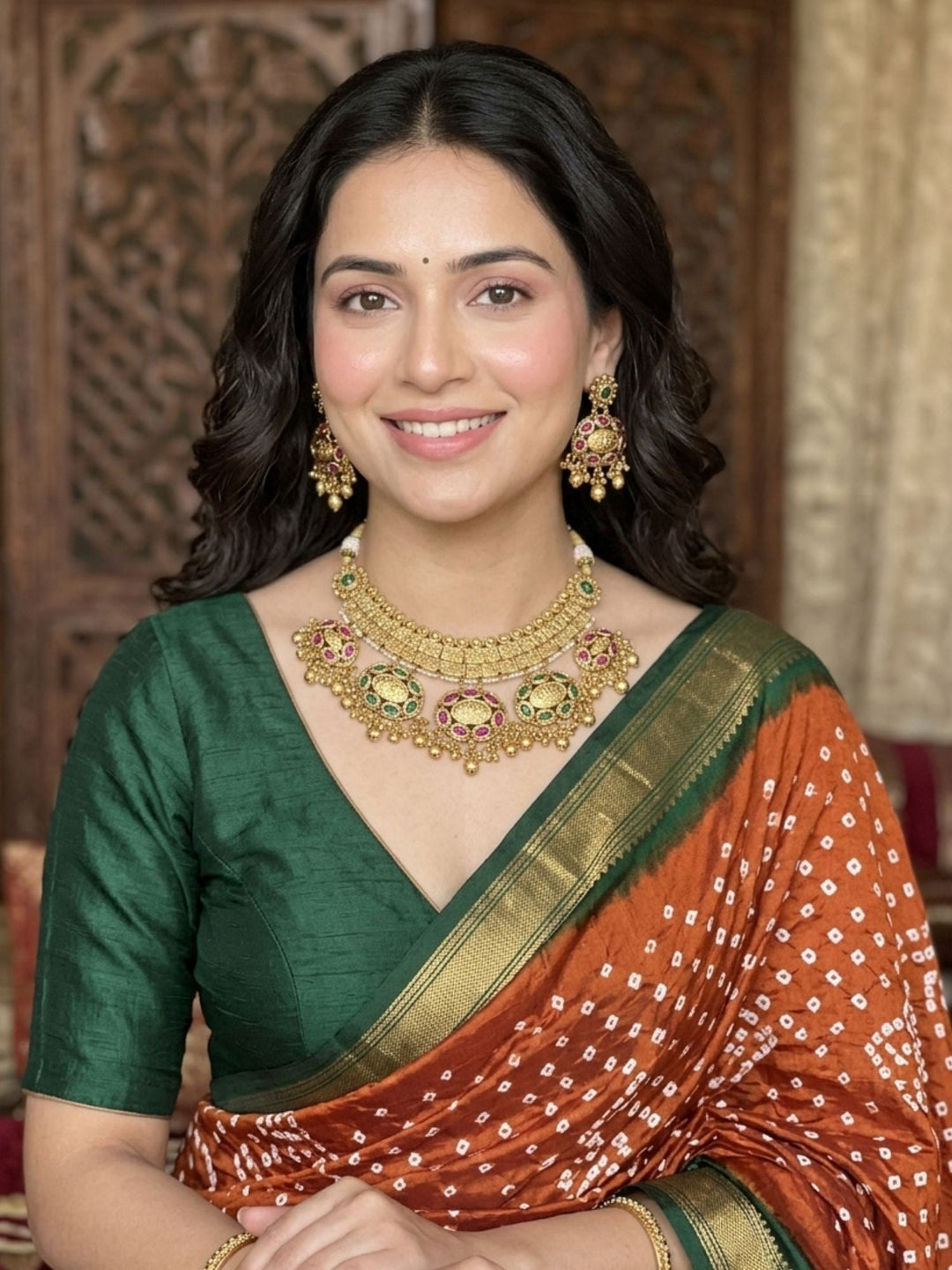 Gold Jadau Kundan Bridal Necklace Set | SHOBITAM