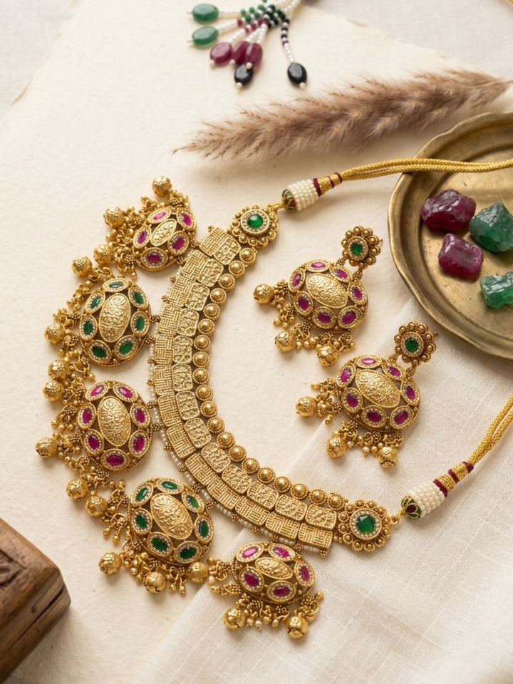Gold Jadau Kundan Bridal Necklace Set | SHOBITAM
