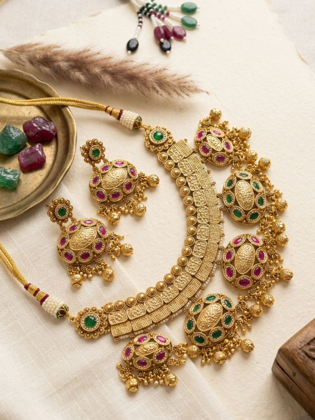Gold Jadau Kundan Bridal Necklace Set | SHOBITAM