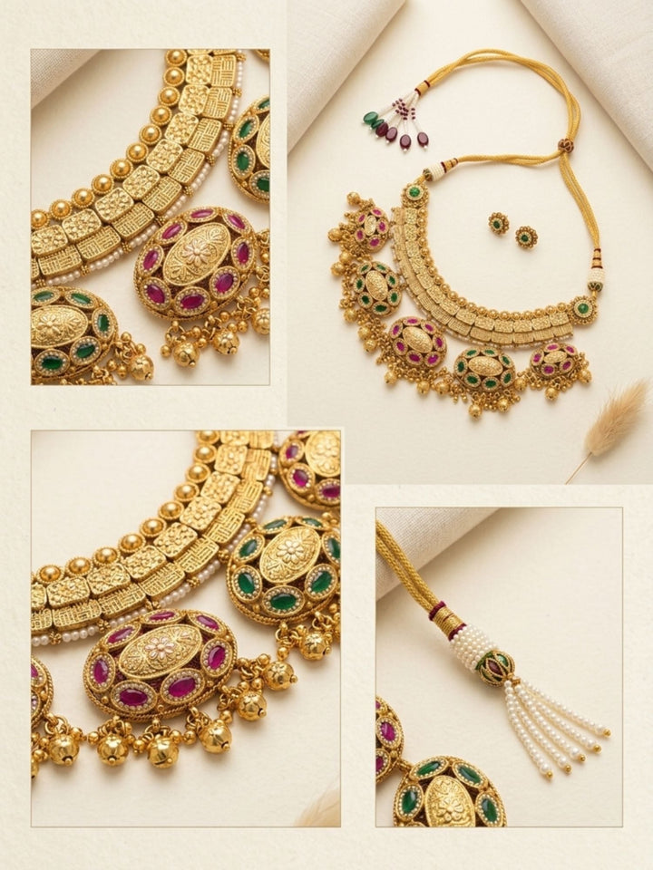 Gold Jadau Kundan Bridal Necklace Set | SHOBITAM