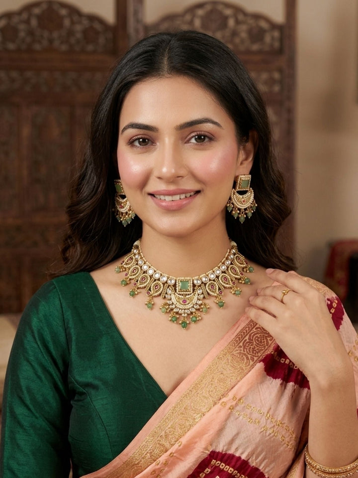 Semi Bridal Gold Short Necklace Set | SHOBITAM