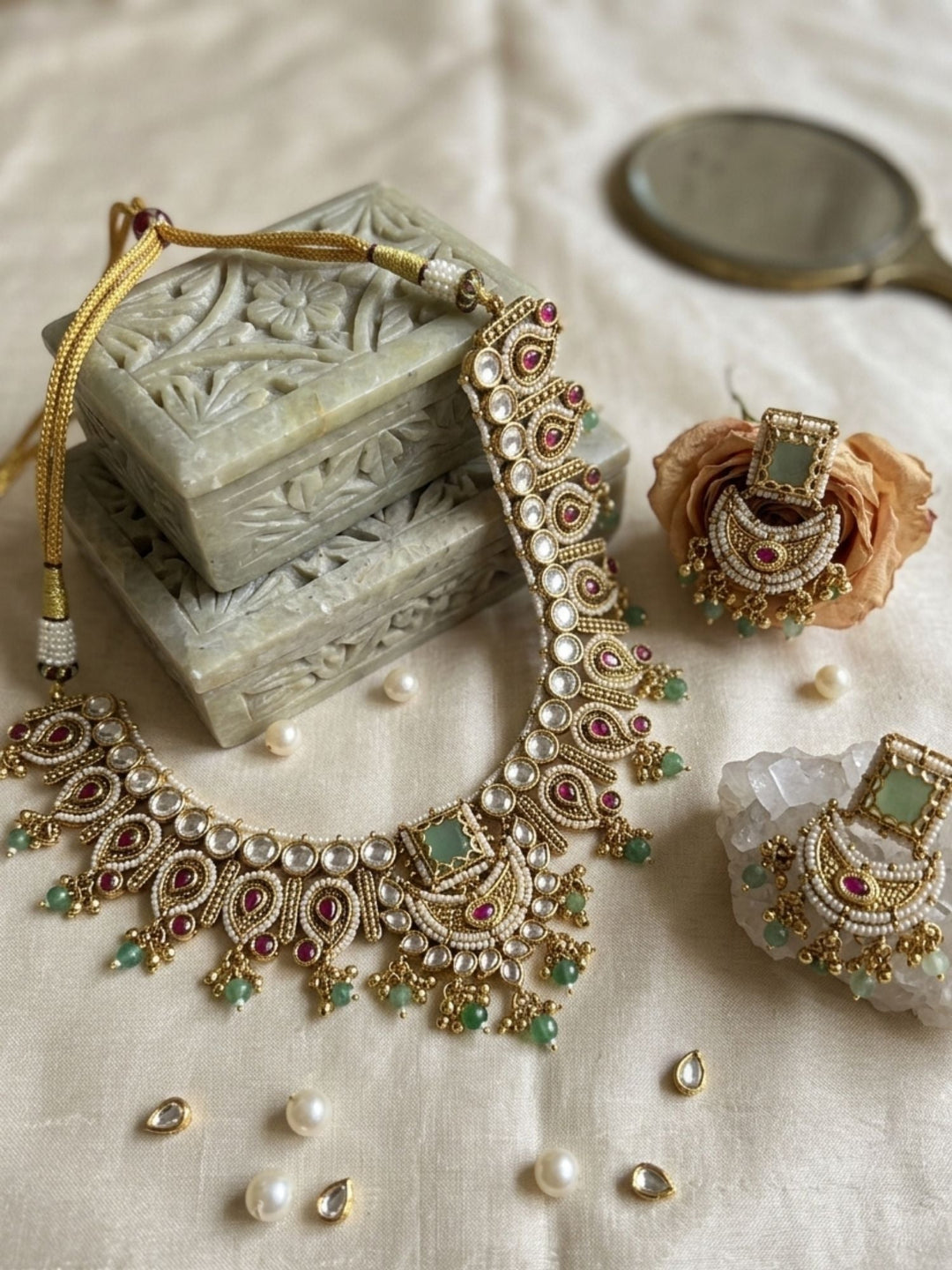 Semi Bridal Gold Short Necklace Set | SHOBITAM