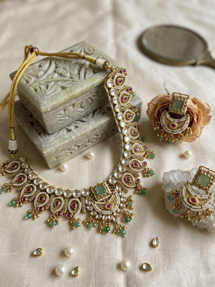 Semi Bridal Gold Short Necklace Set | SHOBITAM