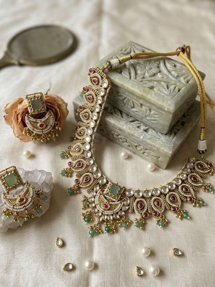 Semi Bridal Gold Short Necklace Set | SHOBITAM