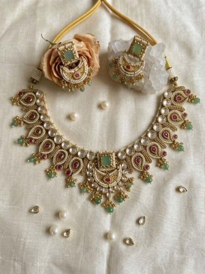 Semi Bridal Gold Short Necklace Set | SHOBITAM