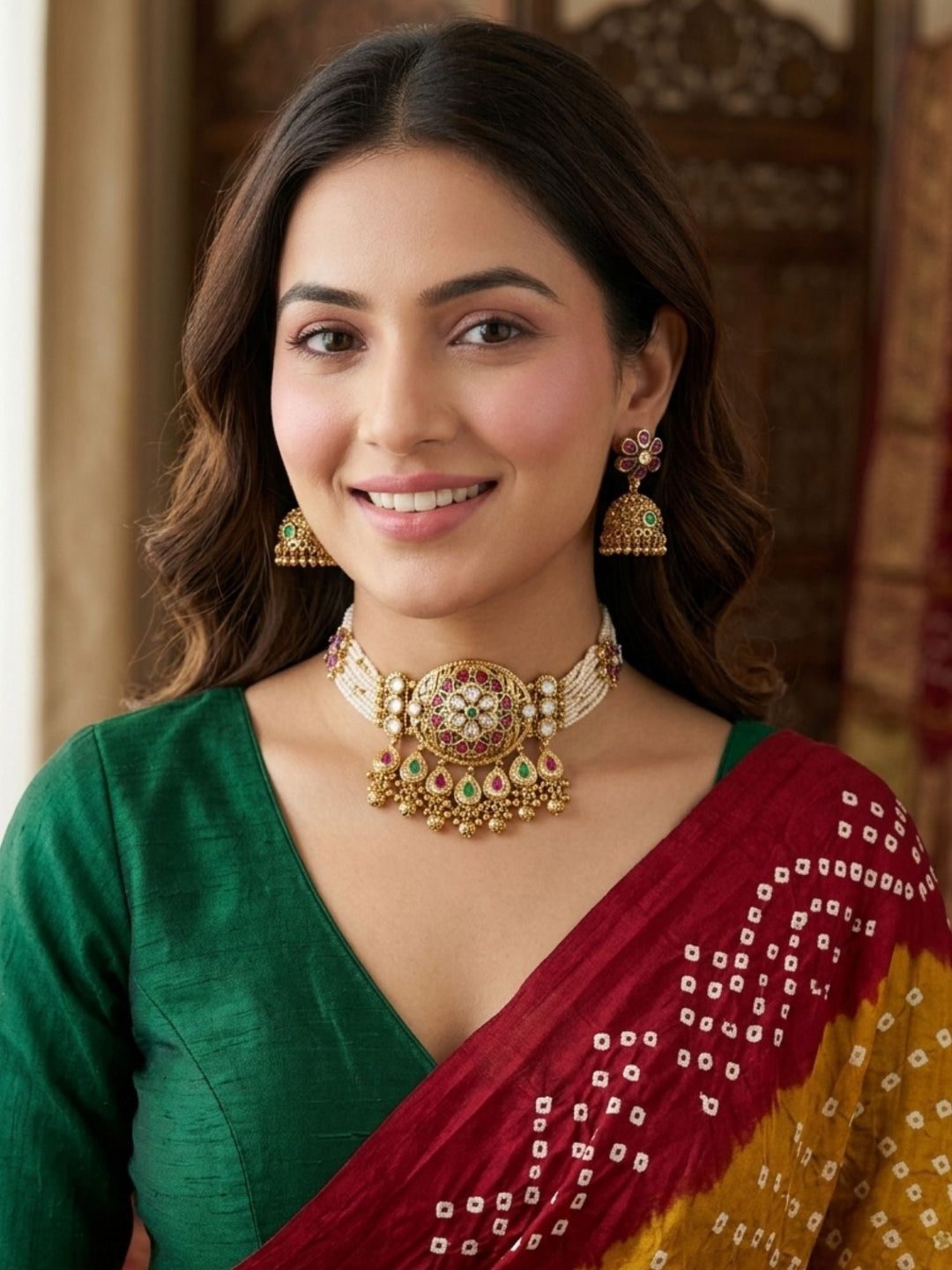 Floral Pattern Gold Choker Necklace Set | SHOBITAM