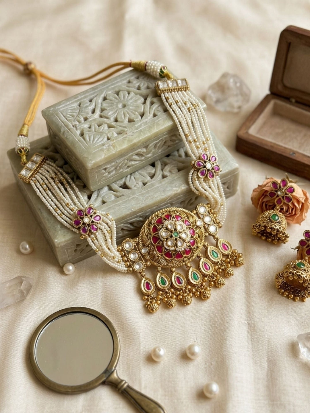 Floral Pattern Gold Choker Necklace Set | SHOBITAM