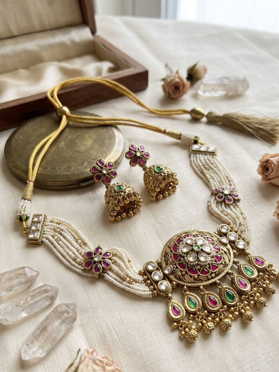 Floral Pattern Gold Choker Necklace Set | SHOBITAM