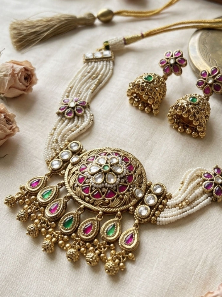 Floral Pattern Gold Choker Necklace Set | SHOBITAM