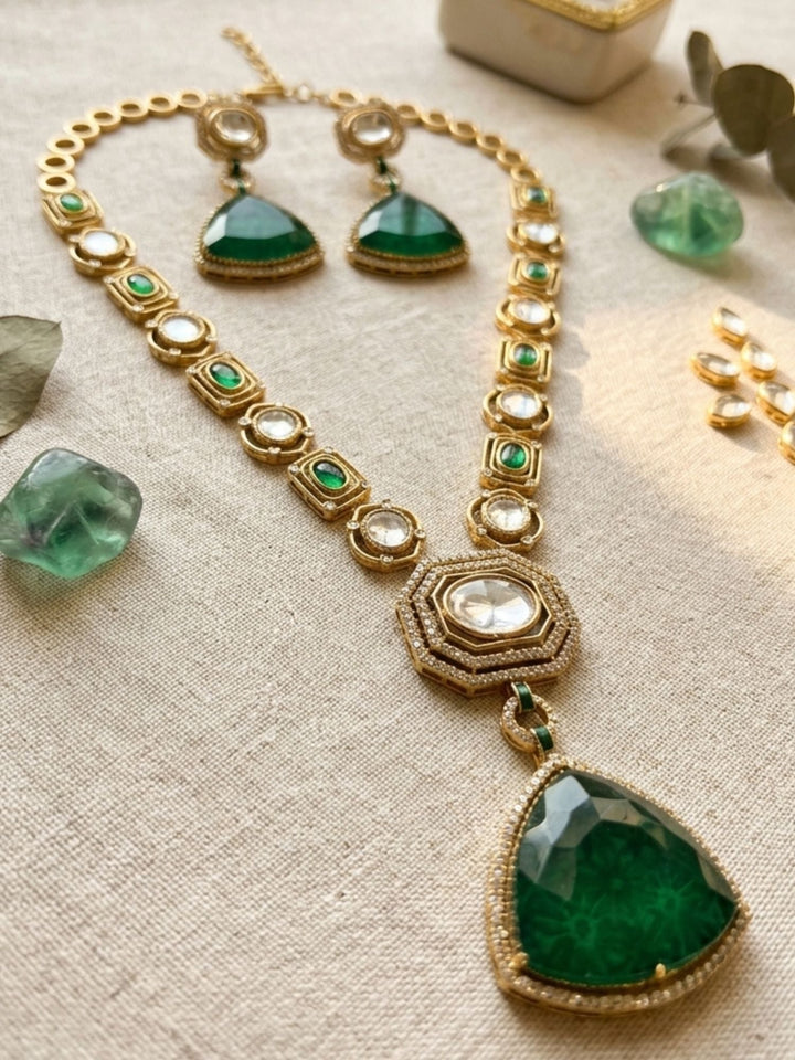 Emerald Green Long Polki Necklace Set | SHOBITAM