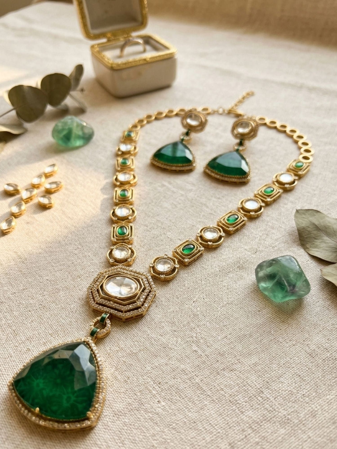 Emerald Green Long Polki Necklace Set | SHOBITAM