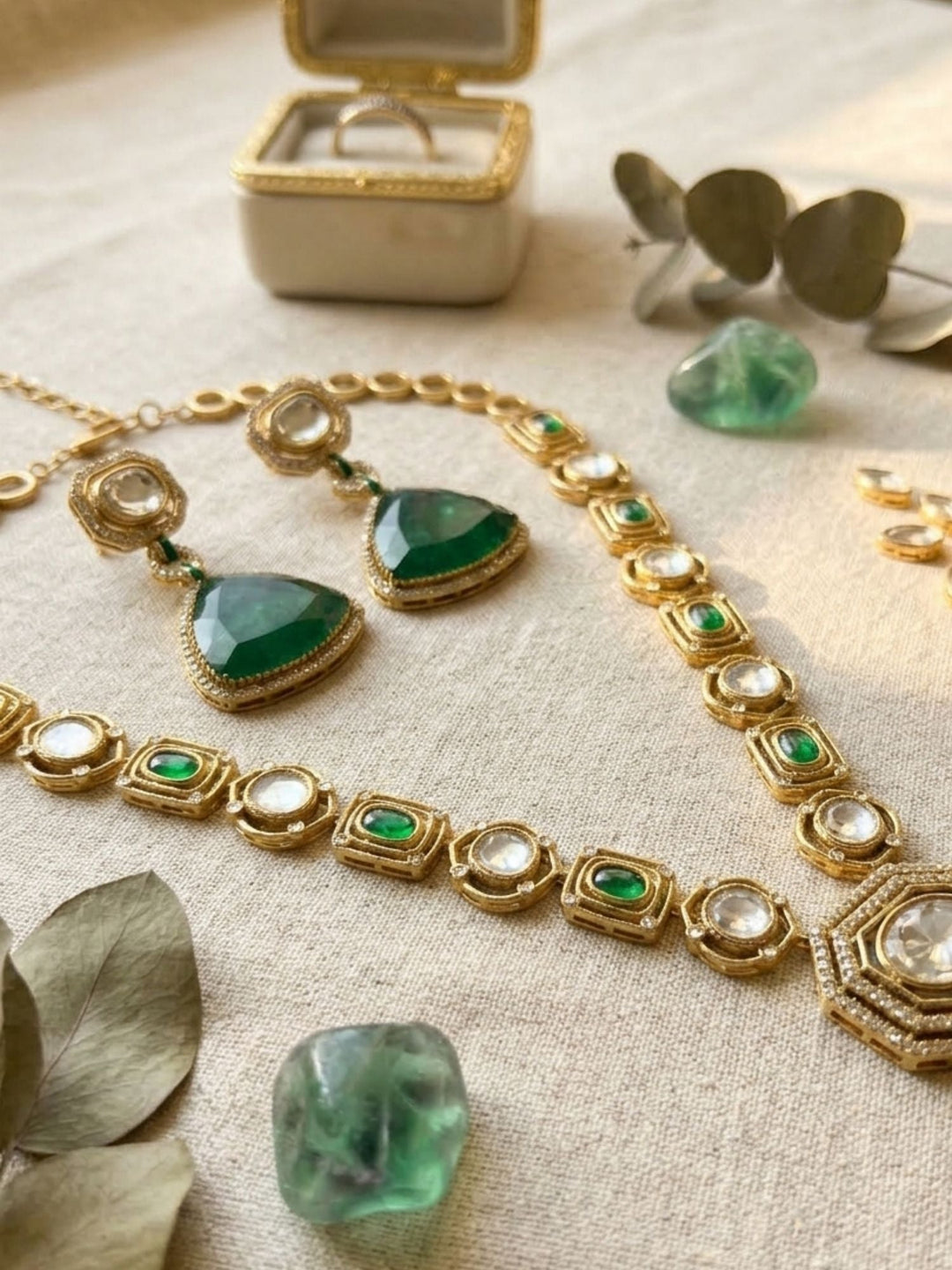 Emerald Green Long Polki Necklace Set | SHOBITAM