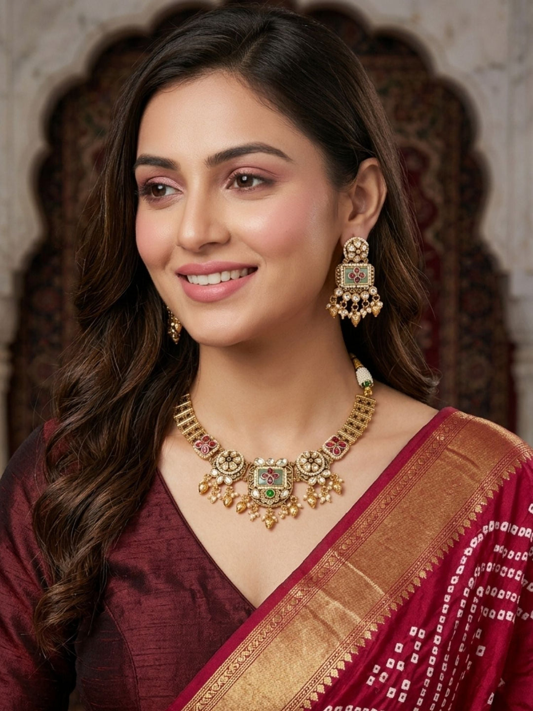Gold Floral Polki Necklace Set | SHOBITAM